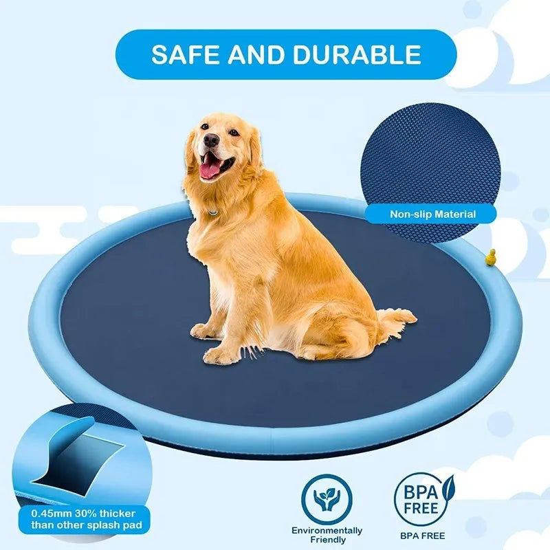 Anti-slip dog splash pad with sprinkler jets, shown in a garden setting.