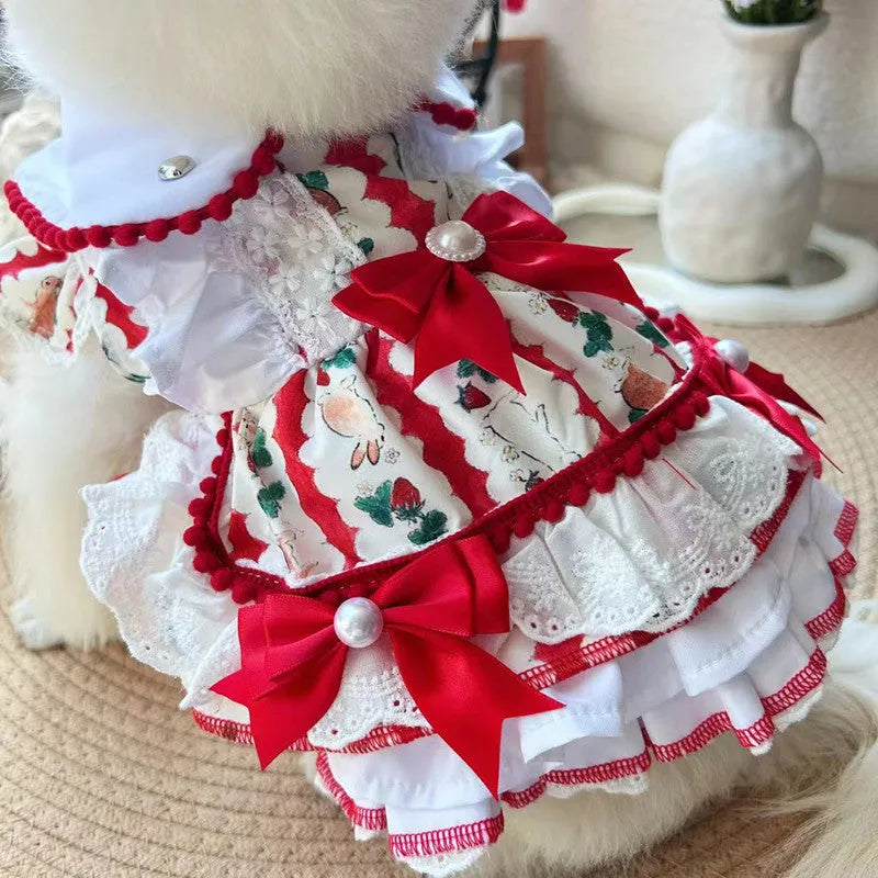 Rabbit skirt princess style dog costume in polyester shown in multiple sizes from XS to XL.