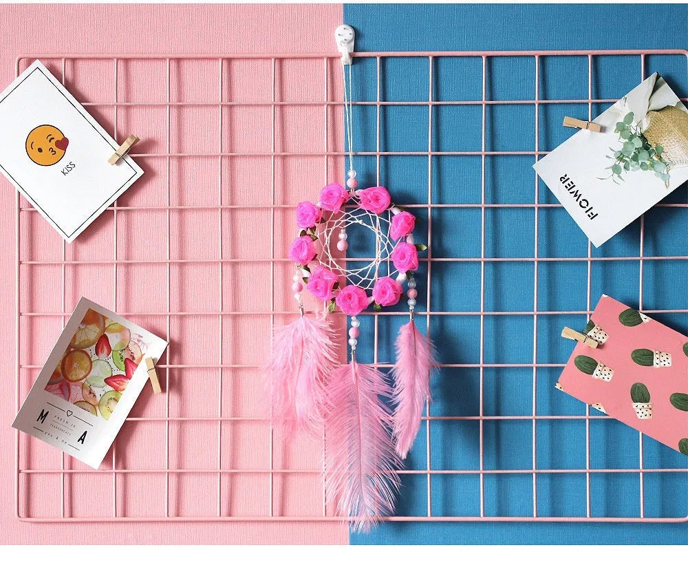 Pink ostrich feather dreamcatcher wind chime wall ornament 10cm
