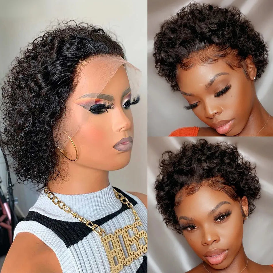 Black human hair lace cover with 13x1 colour blend in pixie wig style