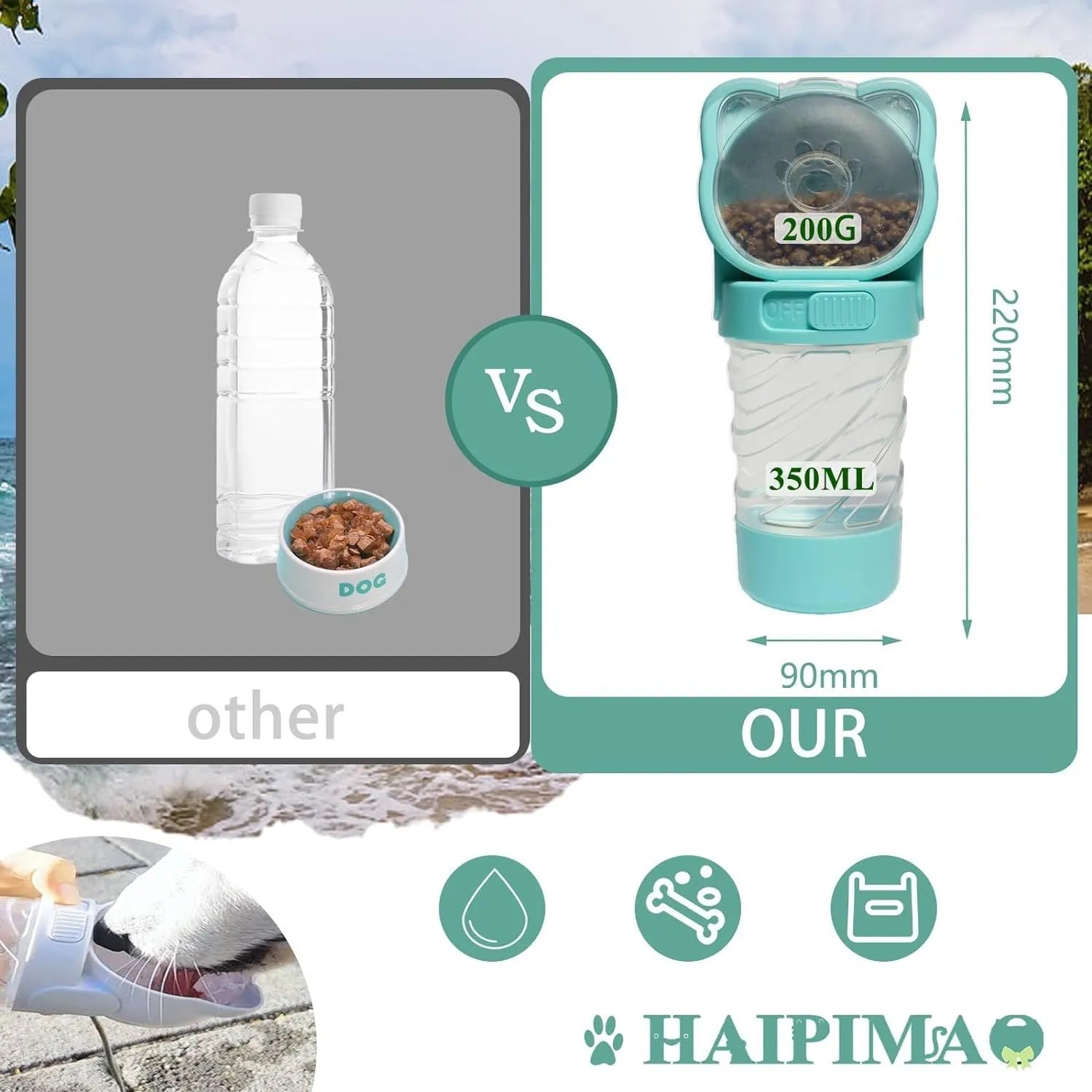 Green 3-in-1 portable pet water bottle with food container and waste bag dispenser