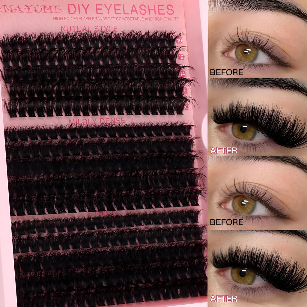 DIY false eyelash extension suit showing cluster segment lashes and application tweezers