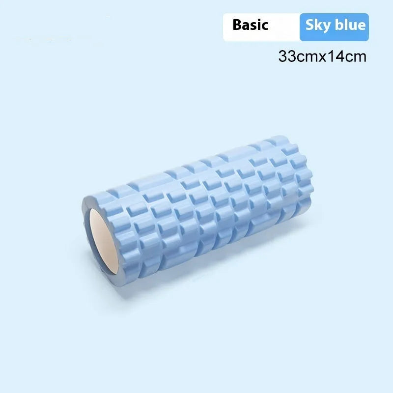 A cylindrical EVA foam roller for fitness recovery, shown in a choice of colours including pink, blue, and grey.