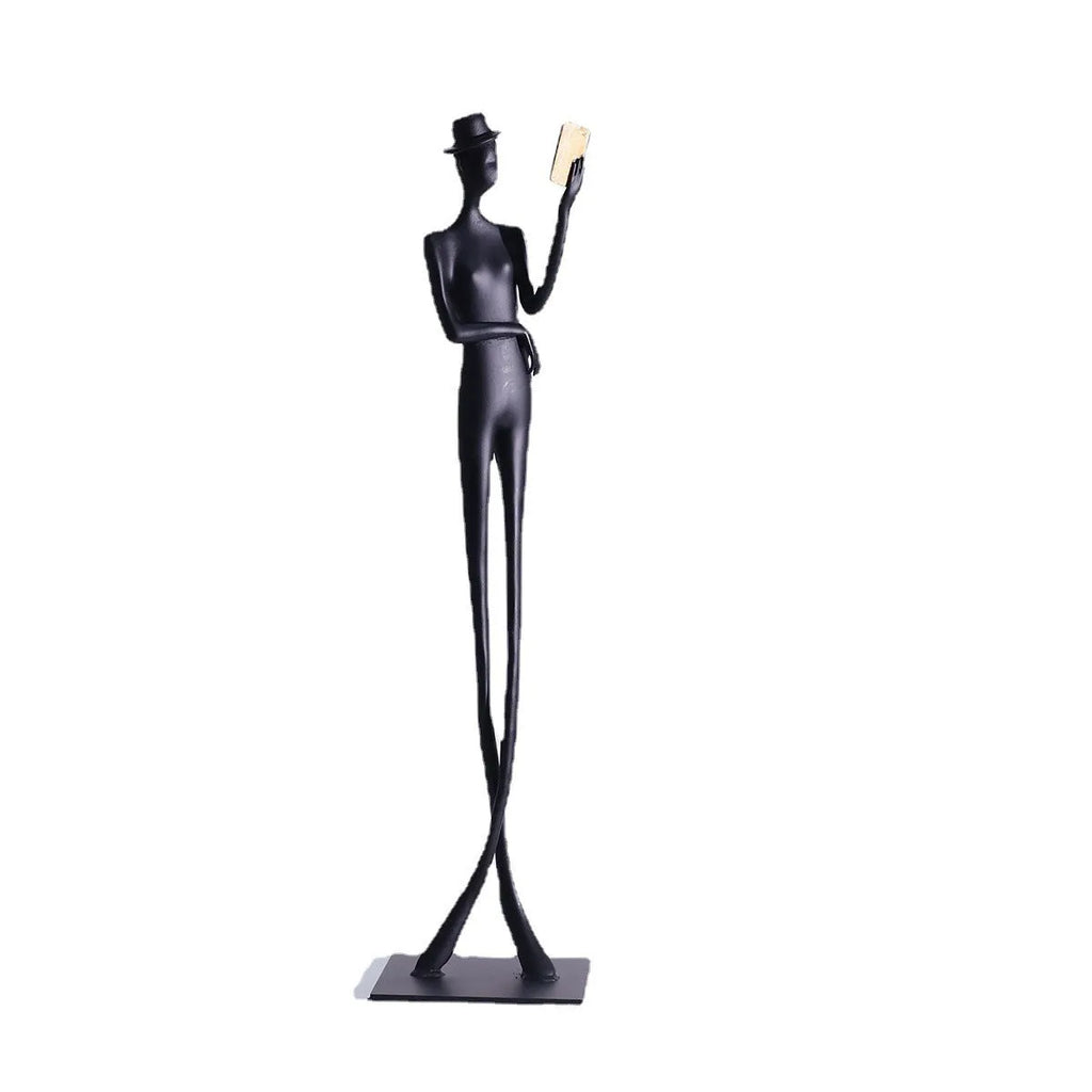 Black aluminium reading woman desktop sculpture modern decor 12x51cm