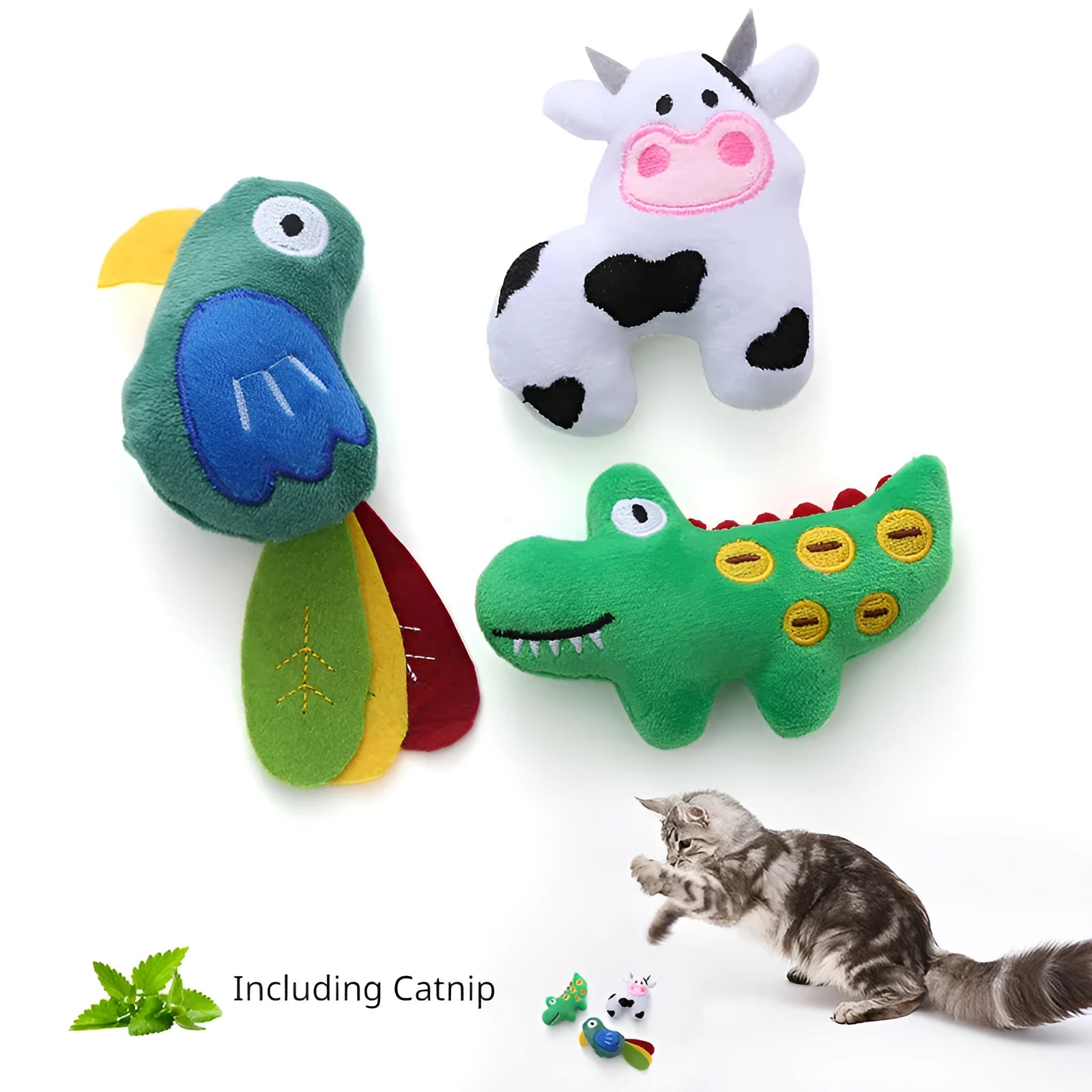 A plush cat toy in the shape of a cow, crocodile, or parrot, filled with catnip for interactive play.