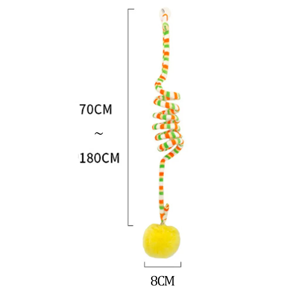 Spring cat toy with red inflatable ball hanging from suction cup next to bell stick accessory