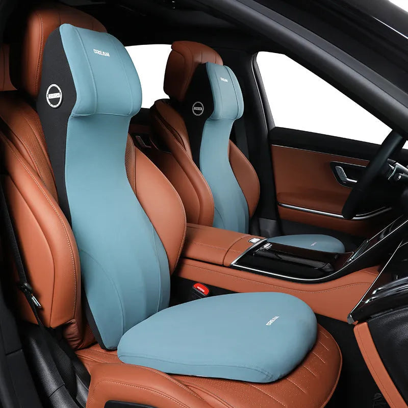 Automotive waist cushion and headrest lumbar support pillow with memory foam filler in six colour options