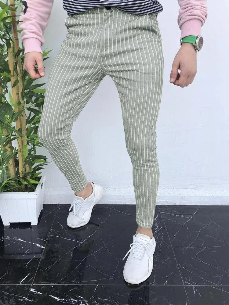 Men's slim-fit casual trousers with 3D printed plaid pattern in a straight leg style.