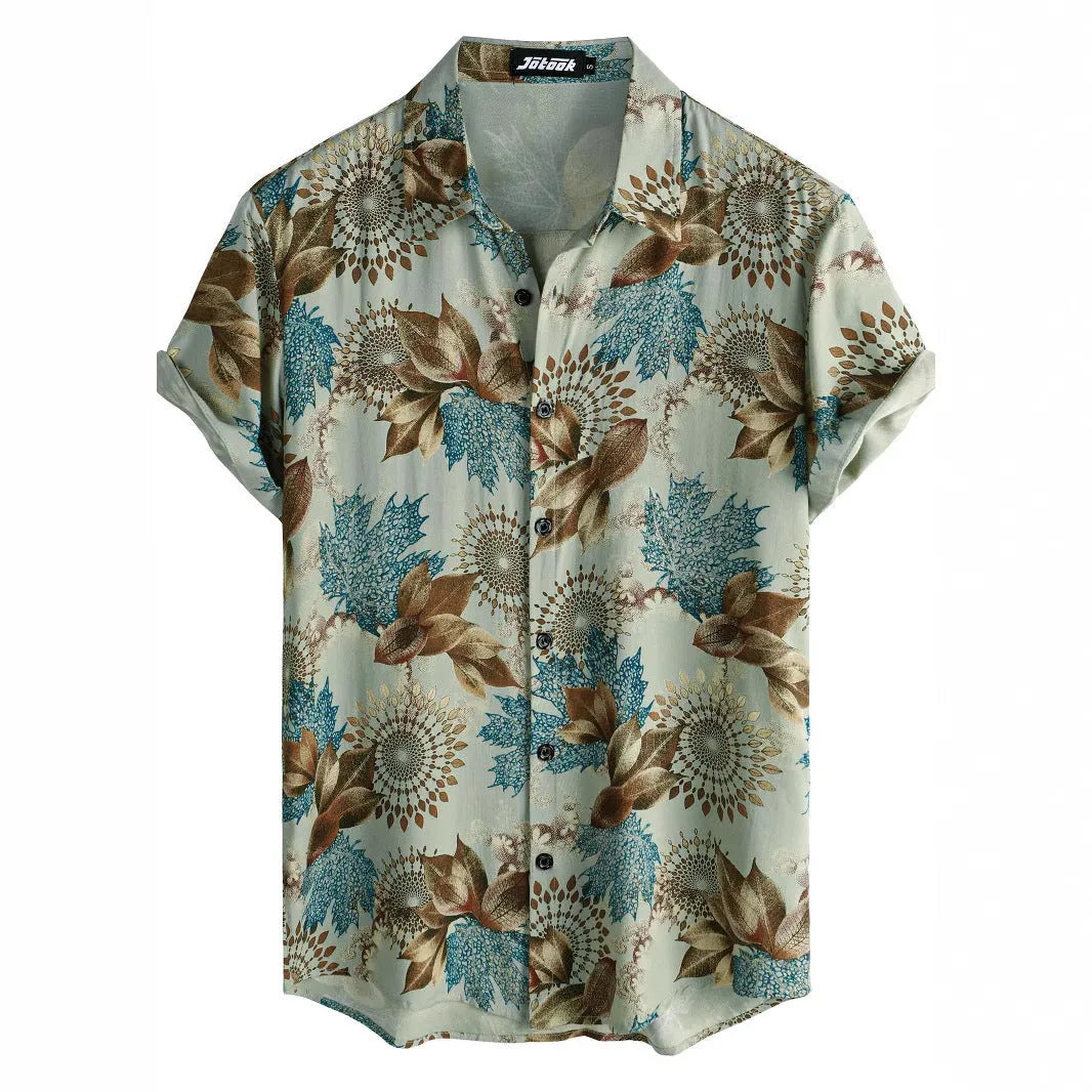 Hawaiian floral print short sleeve shirt in cardigan style with digital printing on elastic polyester fabric