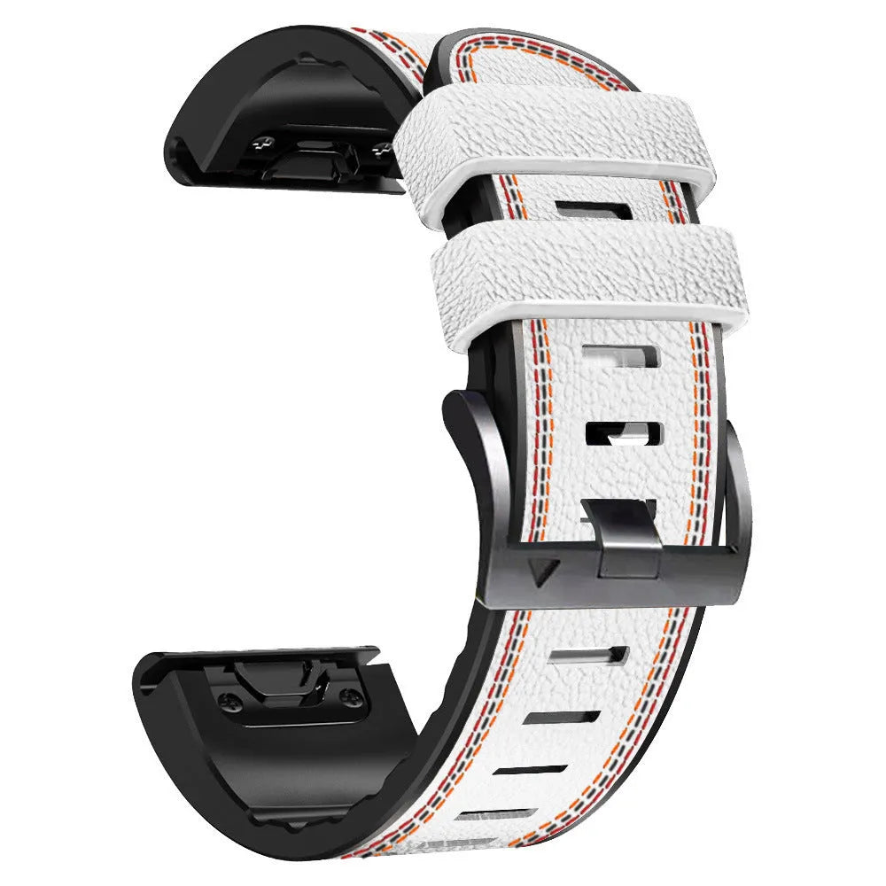 Quick release silicone leather watchband for Garmin Fenix smartwatch in black.