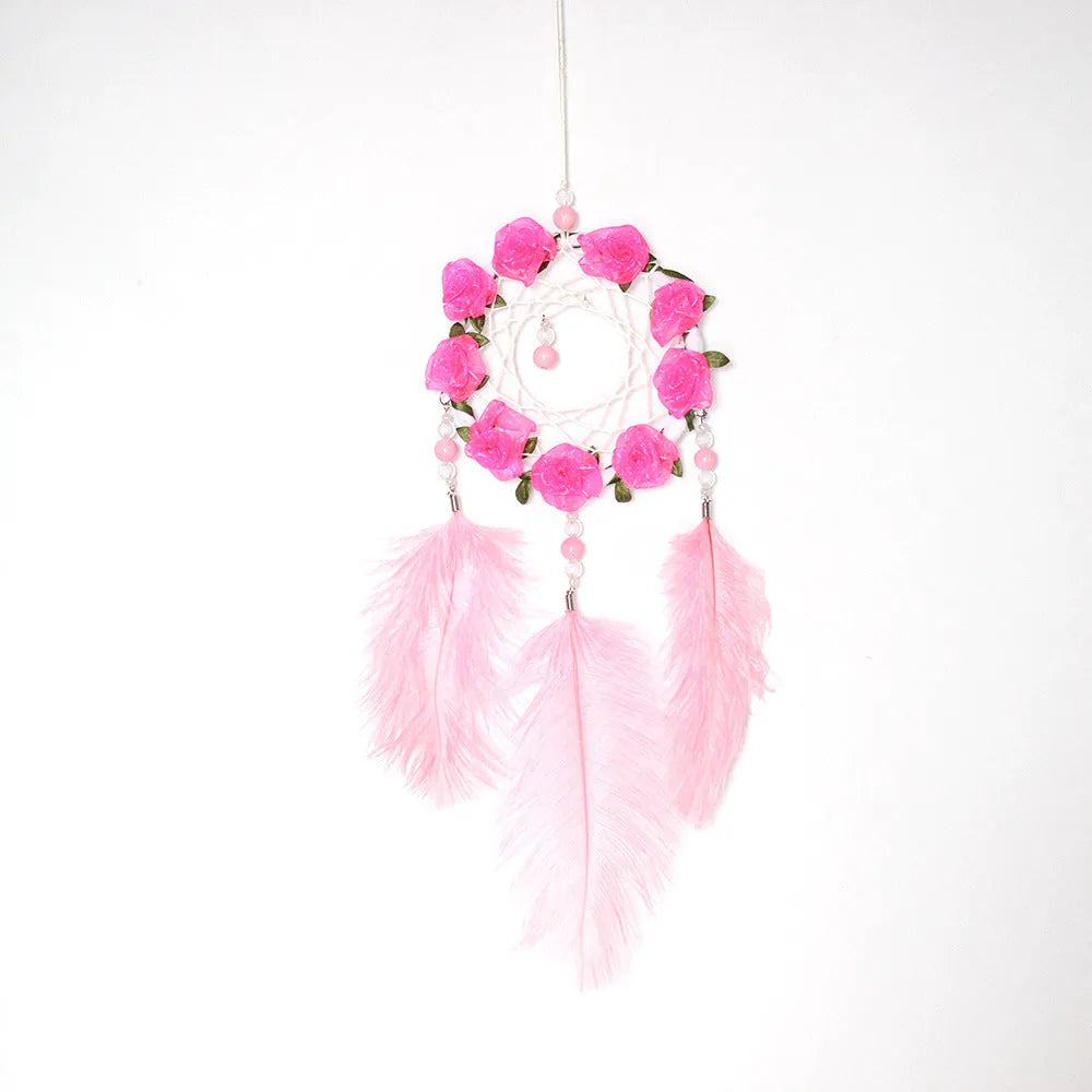 Pink ostrich feather dreamcatcher wind chime wall ornament 10cm
