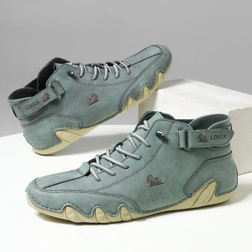 Men's khaki high top Octopus shoes with round toe and rubber sole on a white background.