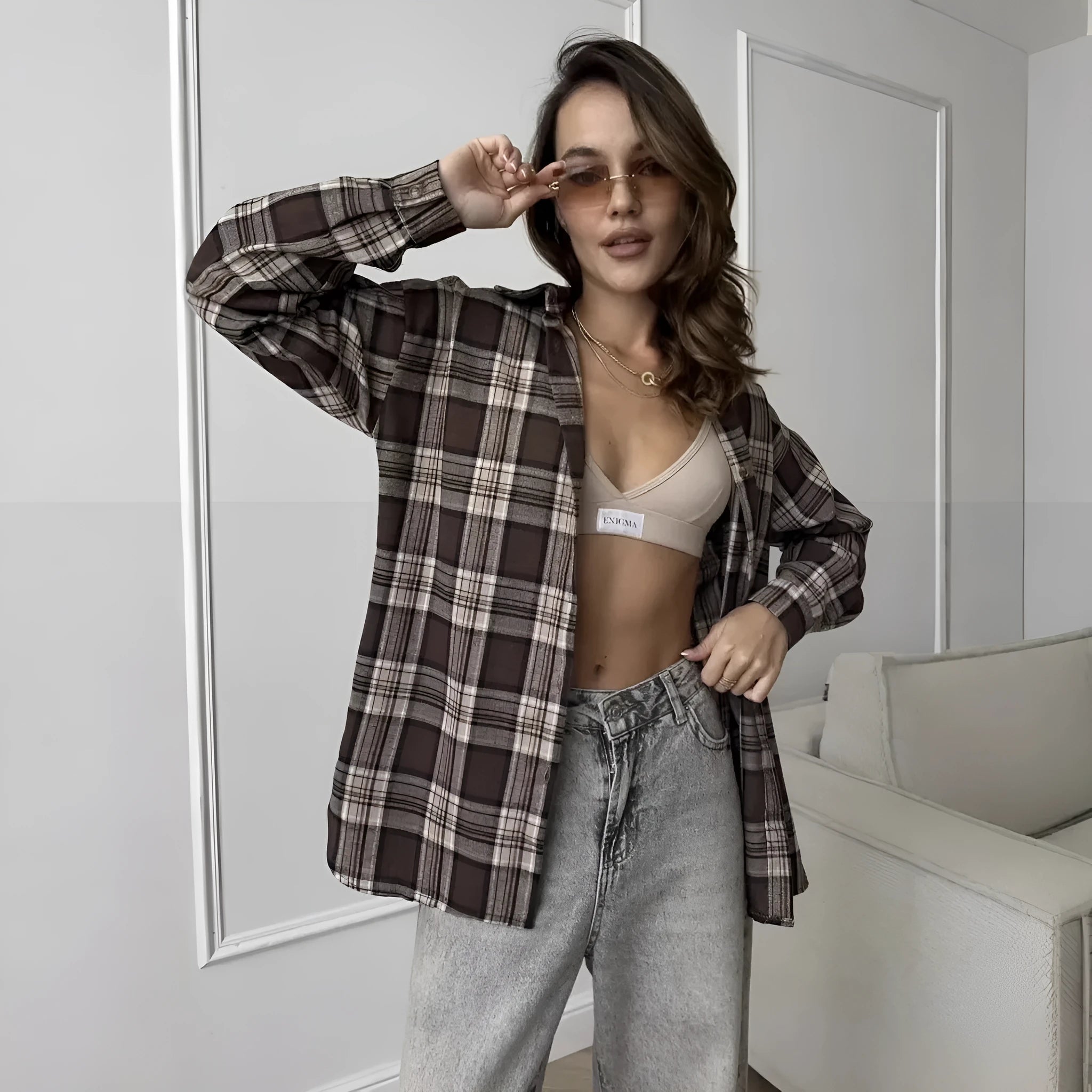 Dark brown striped women's retro cotton shirt with long sleeves and pocket option
