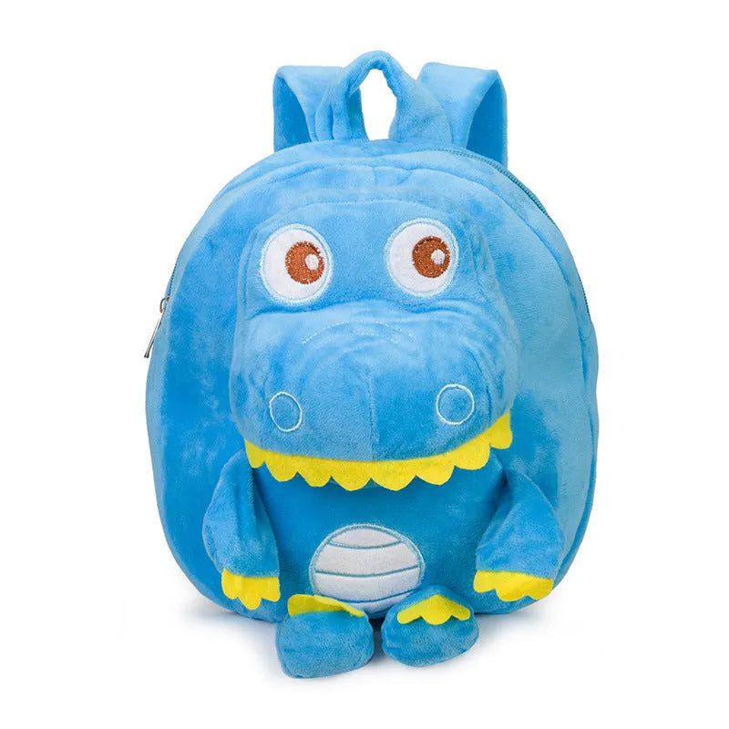 Soft blue dinosaur plush backpack for children with embroidery and a soft handle