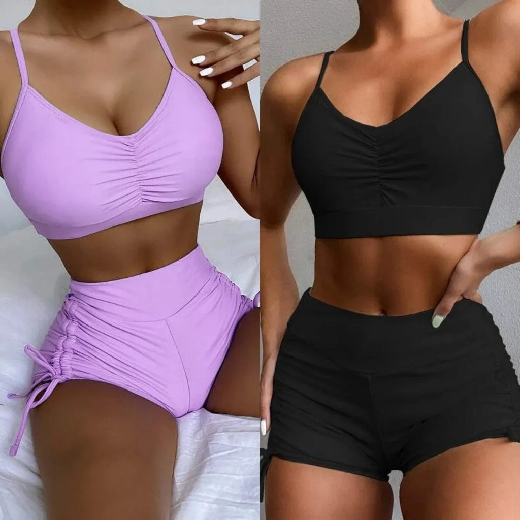 Women's purple and black high waist split swimsuit bikini with sleeveless design