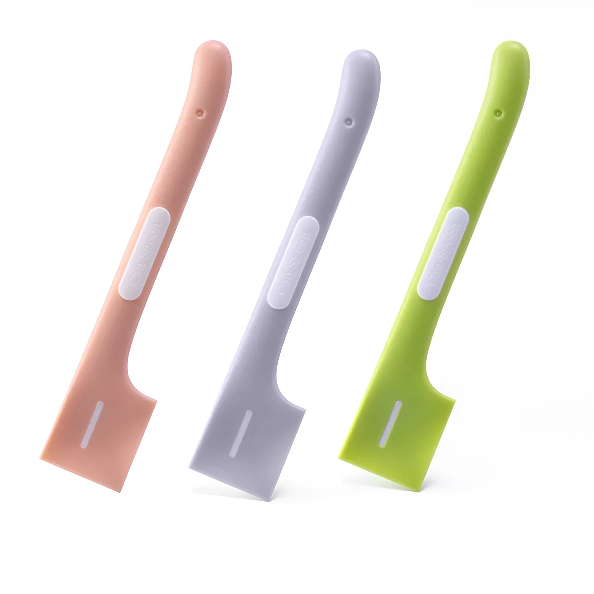 Long green pet feeding spoon with right-angle head for scooping canned dog or cat food