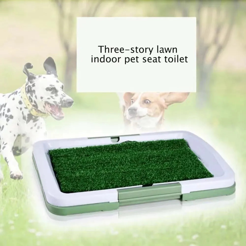 Green synthetic turf dog toilet tray with three-layer construction for indoor potty training