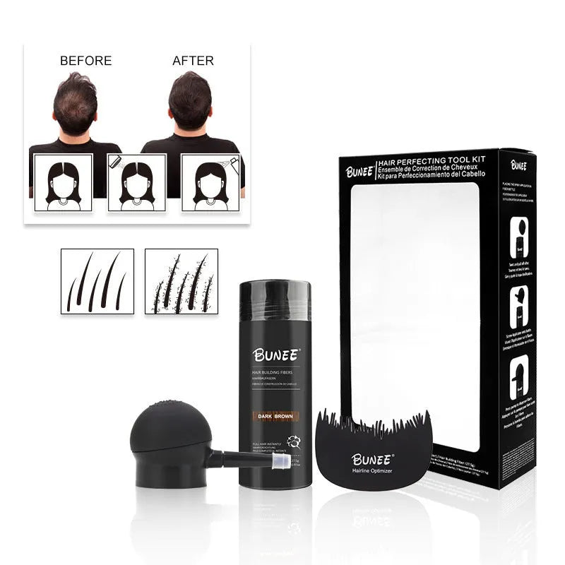Boxed three-piece hair fibre powder set with spray bottle and comb for thinning hair coverage.