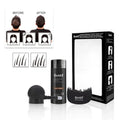 Boxed three-piece hair fibre powder set with spray bottle and comb for thinning hair coverage.