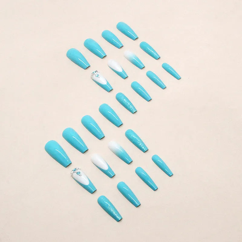 Solid blue long ballet shaped false nail patches with glue bottle