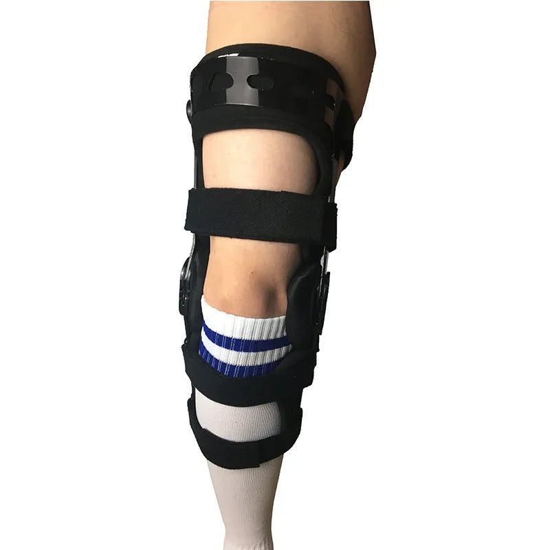Black anterior ligament knee pad supporter showing side-specific sizing options.