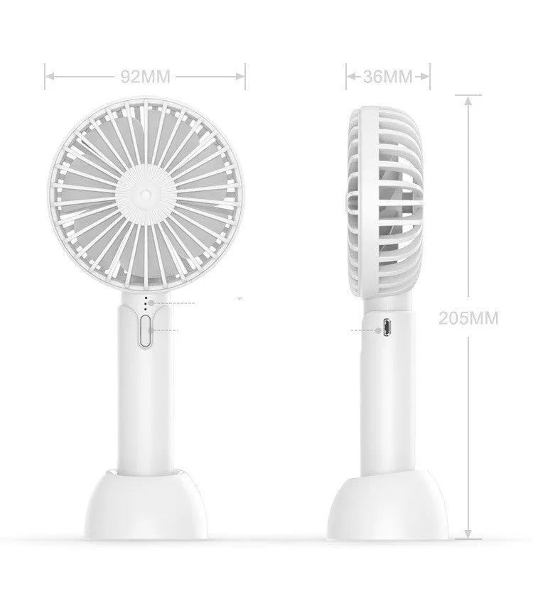 Blue mini handheld desktop fan with USB port and three-speed control on white background