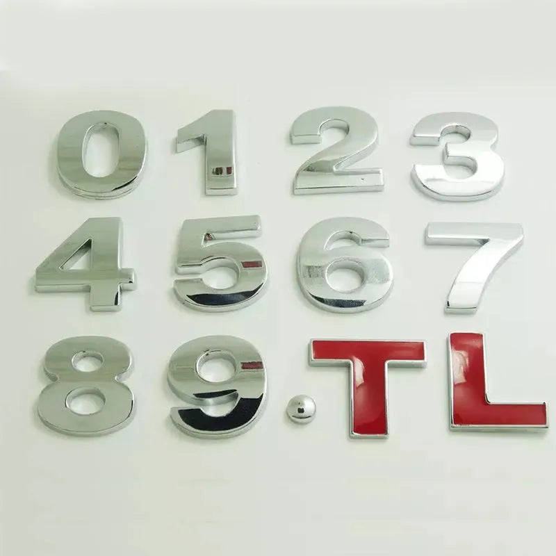 3D metal car letter stickers showing raised zinc alloy characters in black and silver finishes