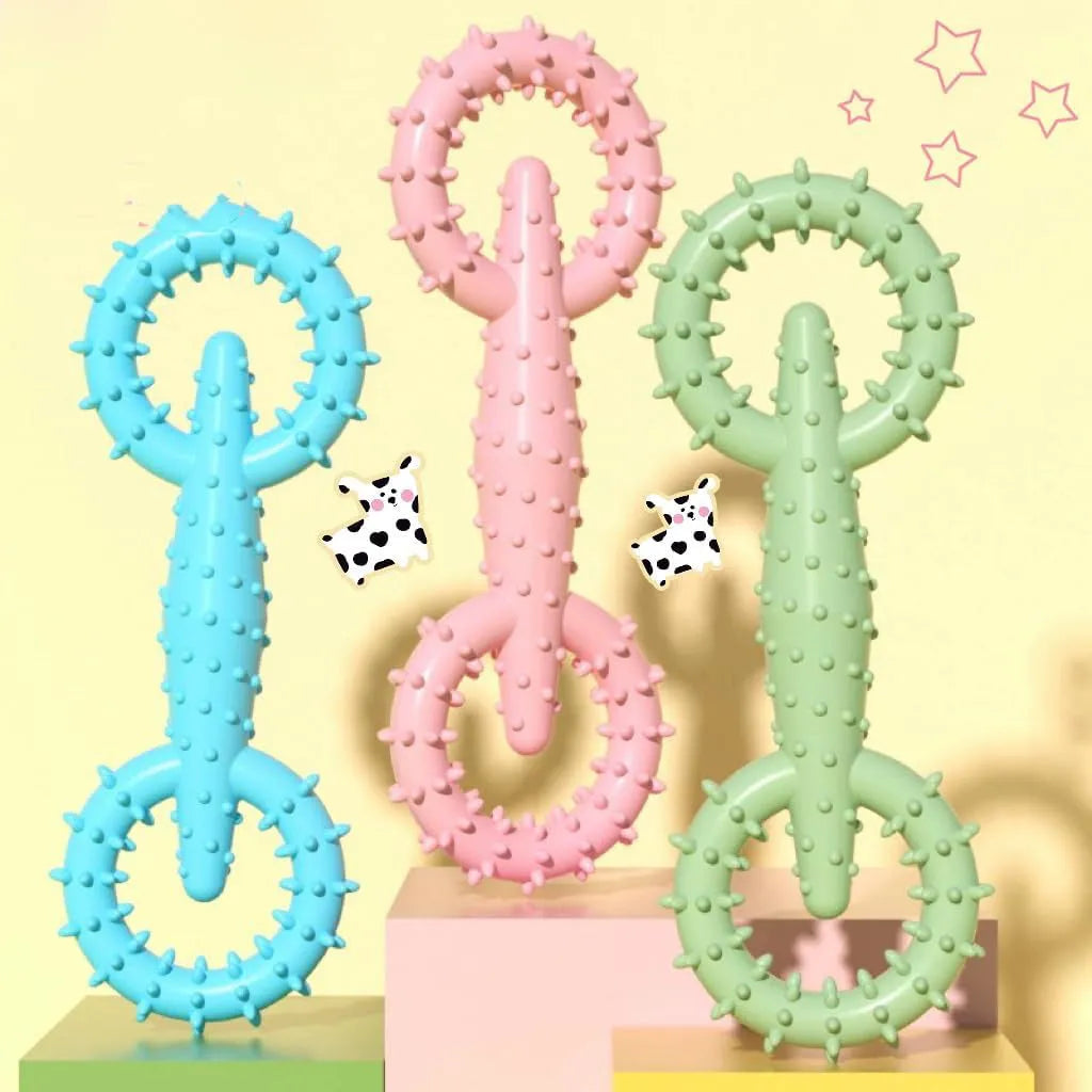 Blue TPR dog chew toy ring for teething puppies on a white background