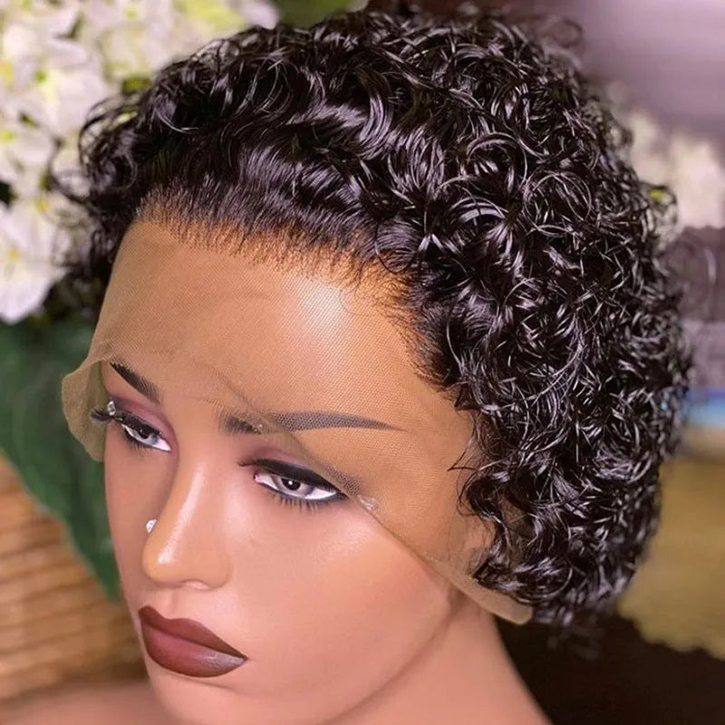 Black human hair lace cover with 13x1 colour blend in pixie wig style