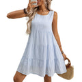 Women's light blue sleeveless plaid dress with a high waist and swing skirt on a hanger.