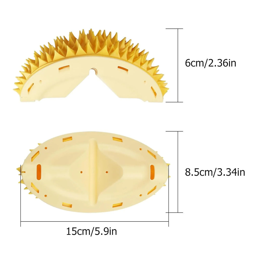 Yellow durian-shaped cat corner scratcher with spiky texture mounted on a wall