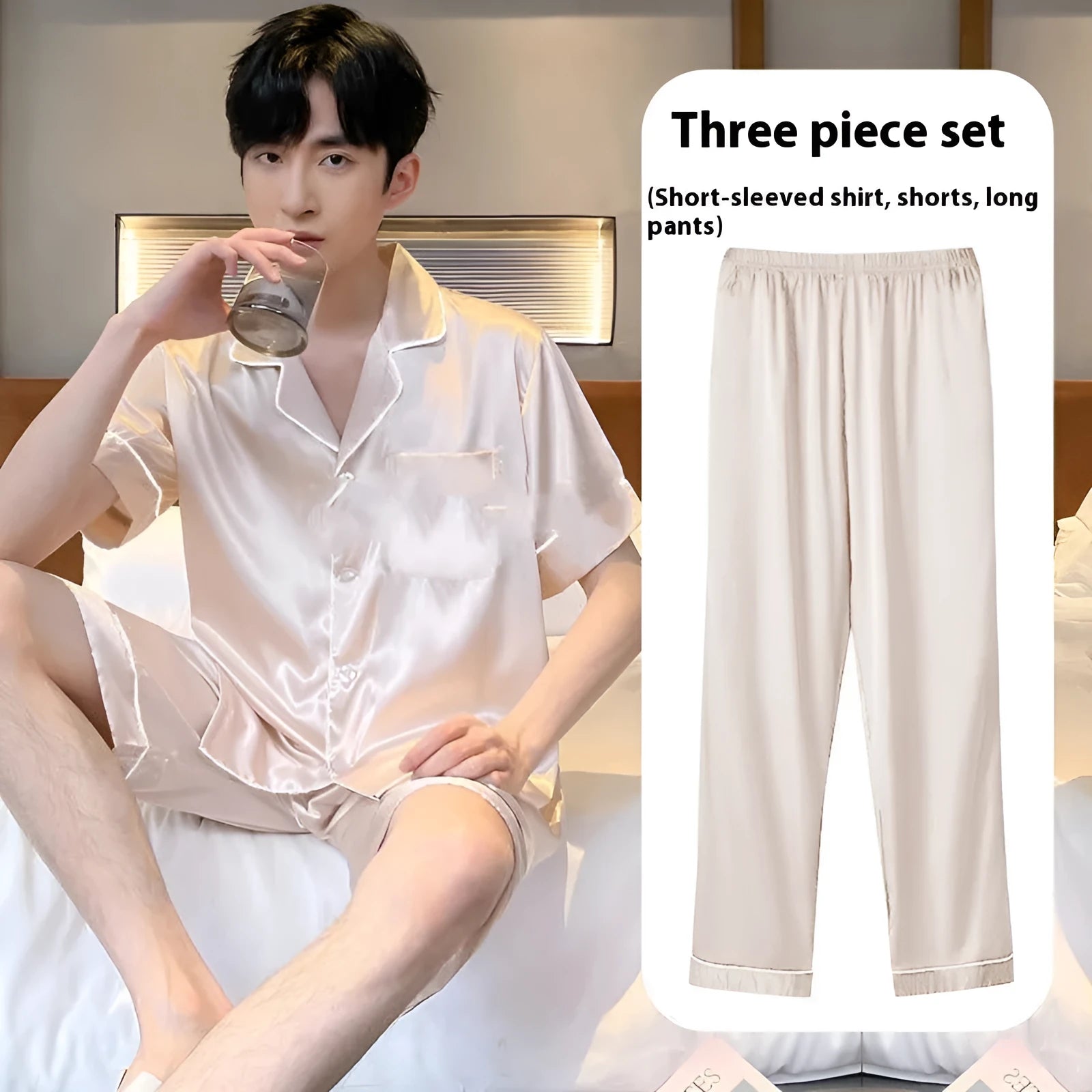 Men's ice silk three-piece homewear set showing thin summer pyjamas with shorts and trousers