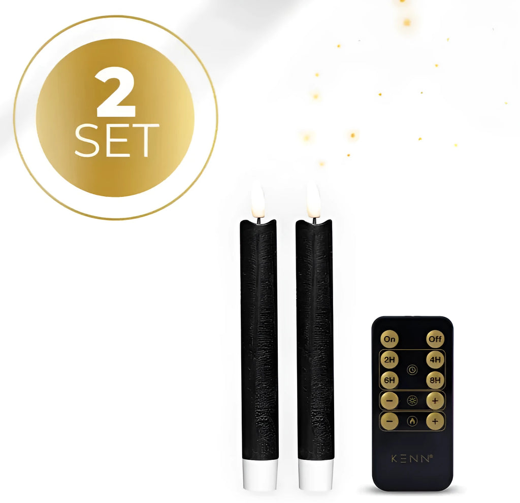 Black S2 3D Flame LED Taper Candle measuring 2.2cm diameter and 18cm height with realistic flickering light effect