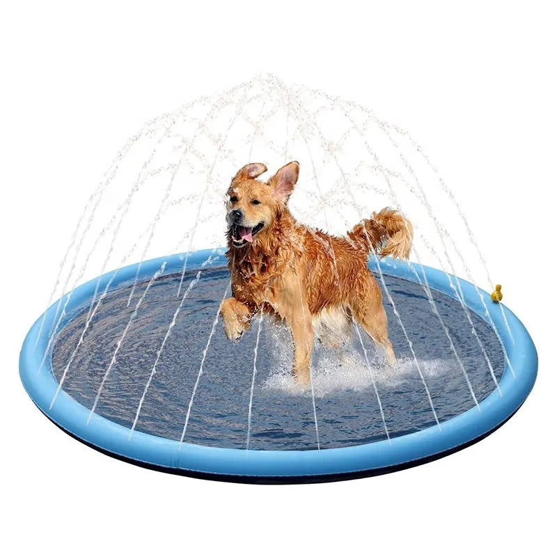 Anti-slip dog splash pad with sprinkler jets, shown in a garden setting.