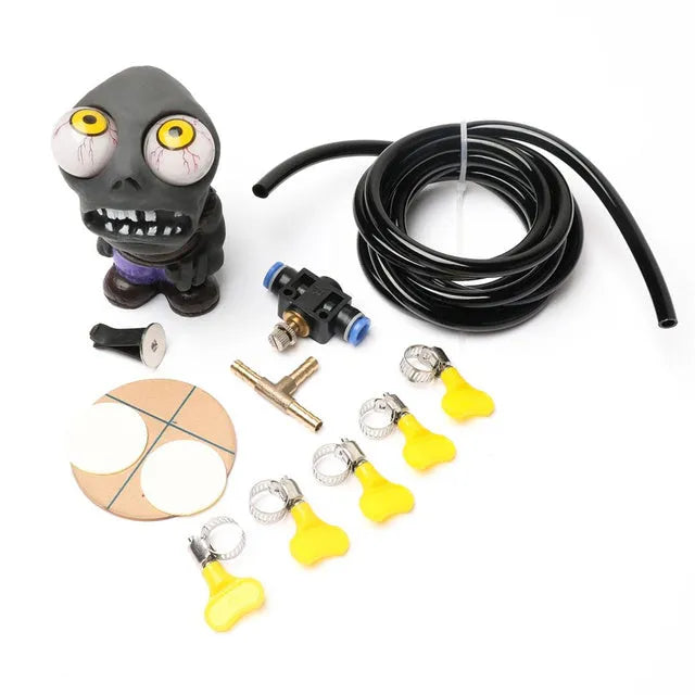 Turbo car decompress ornament kit showing rubber doll, pressure regulating valve, copper tubing, and installation clips