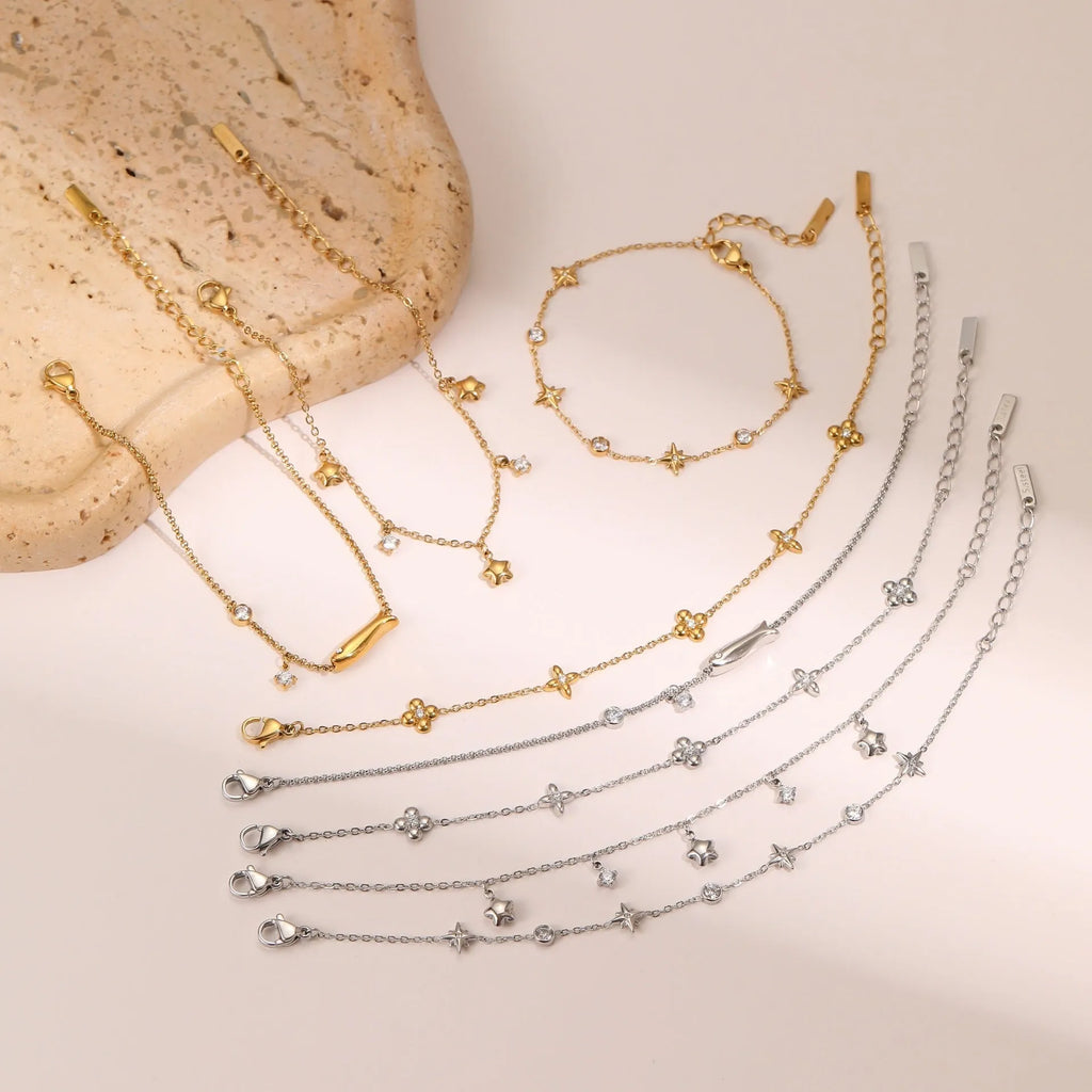 Ins titanium steel bracelet with 18K gold plating and zircon hexagonal star pendant for women