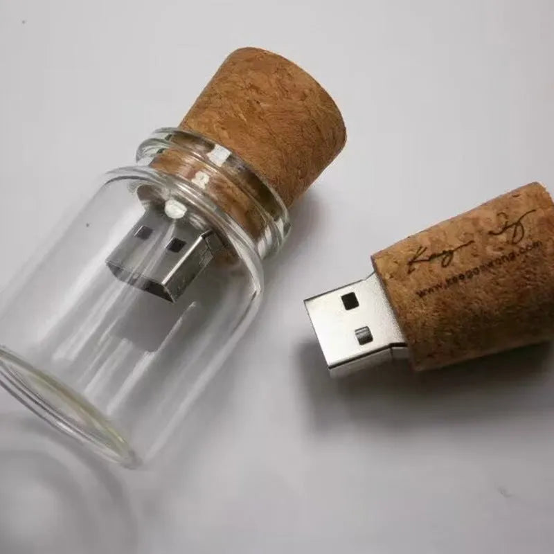 Wooden wish drift bottle shaped USB flash drive with transparent casing showing internal components.
