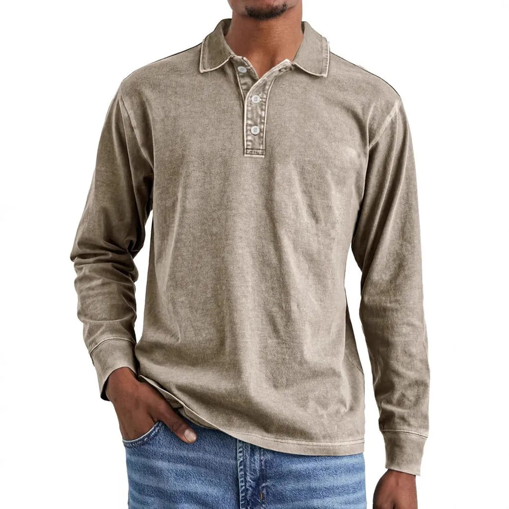 Man's retro washed distressed pure cotton long sleeve polo shirt with lapel collar in army green colour.