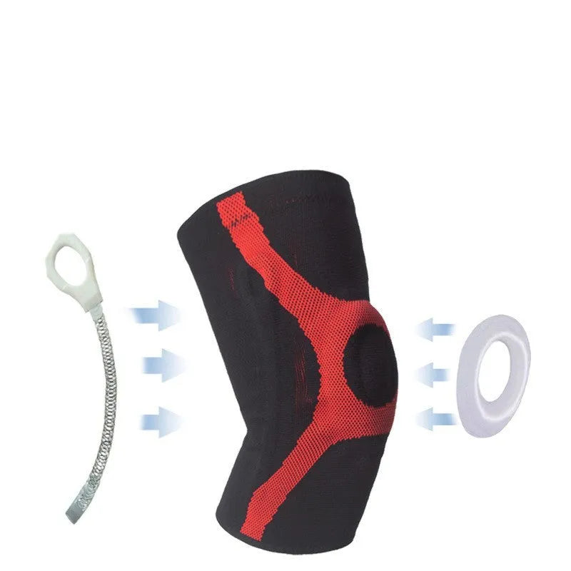Knitted non-slip silicone sports knee pads in red and grey colours for running and climbing.