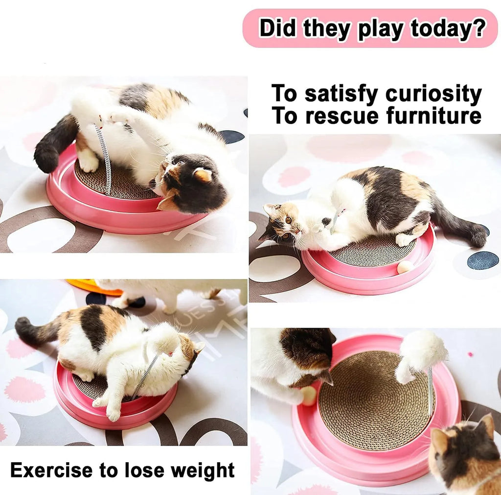 Blue cat scratching toy with track ball and replaceable cardboard pad for furniture protection