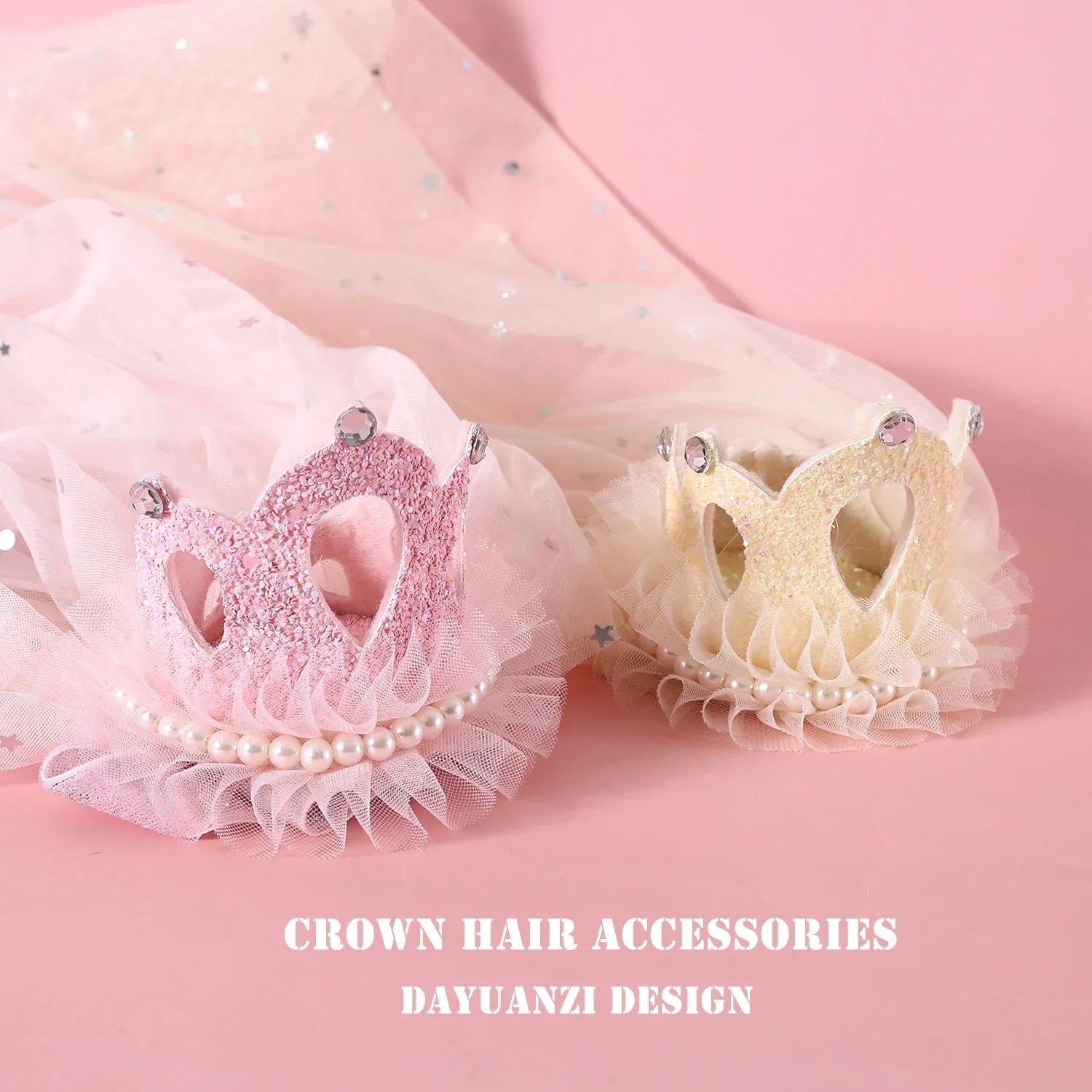 Beige or pink cotton polyester princess crown and veil headdress for cats and small dogs