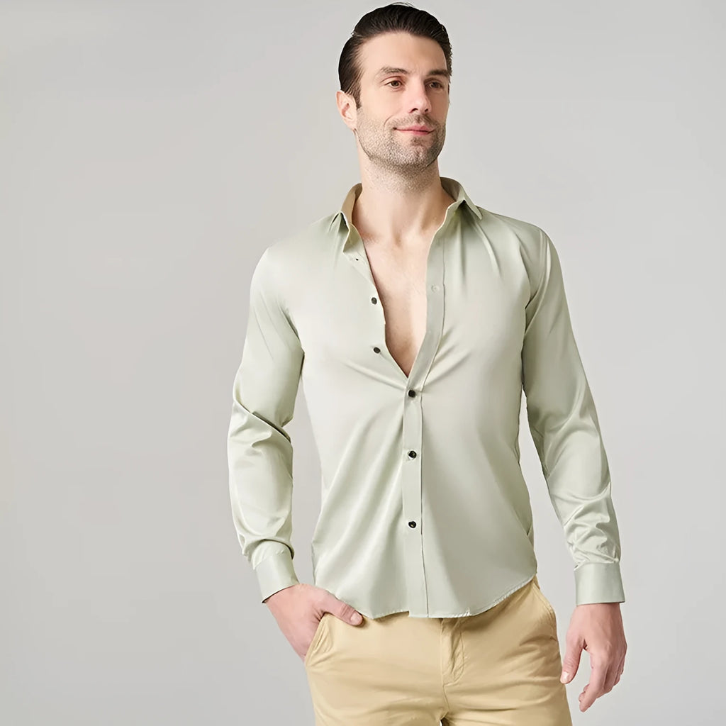 Men's stretch long sleeve shirt in polyester on a hanger, showing the button front and long sleeve design.