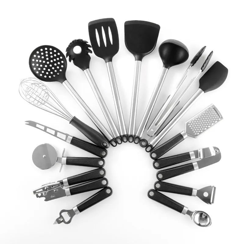 Black silicone and stainless steel cooking utensil set with 16 pieces including spatulas and spoons.