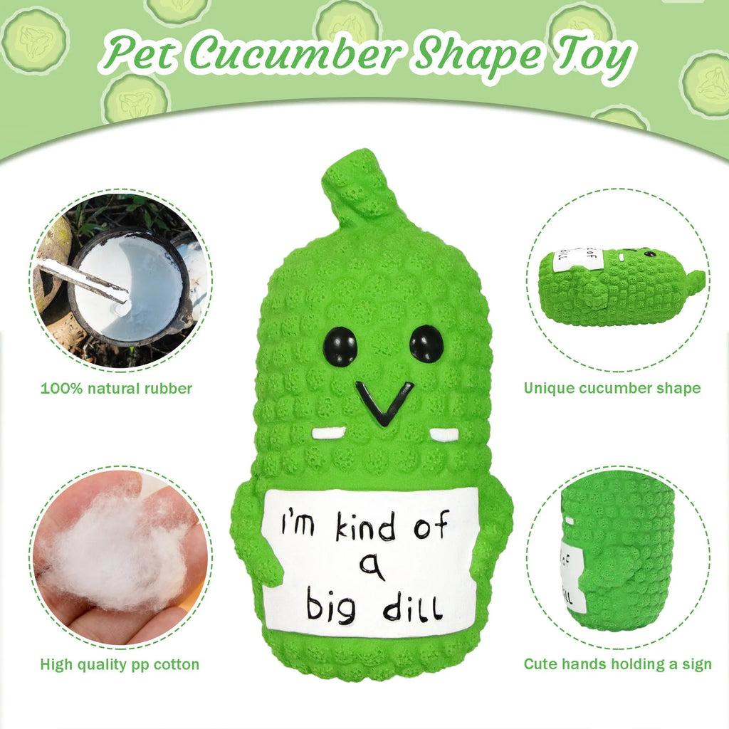 Green pickle-shaped latex dog chew toy with textured surface for teething puppies