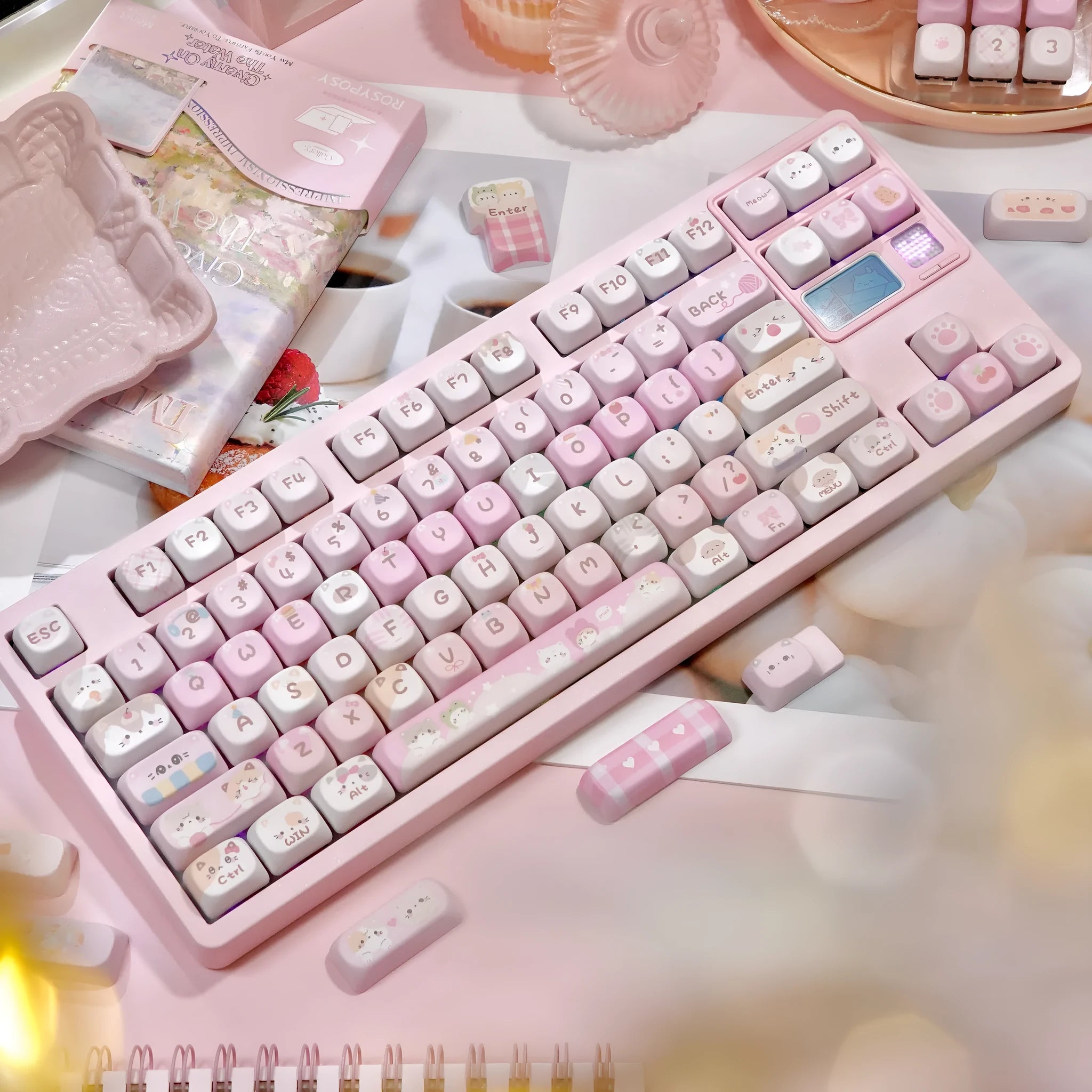 Pink cartoon MOA height plastic keycaps with five-sided sublimation arranged in a full set layout.