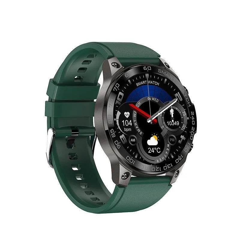 Round black Bluetooth sports watch with AMOLED screen on a silicone strap, showing fitness stats.