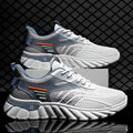 Men's white blue and black platform casual sports running shoes with mesh upper and cross straps.