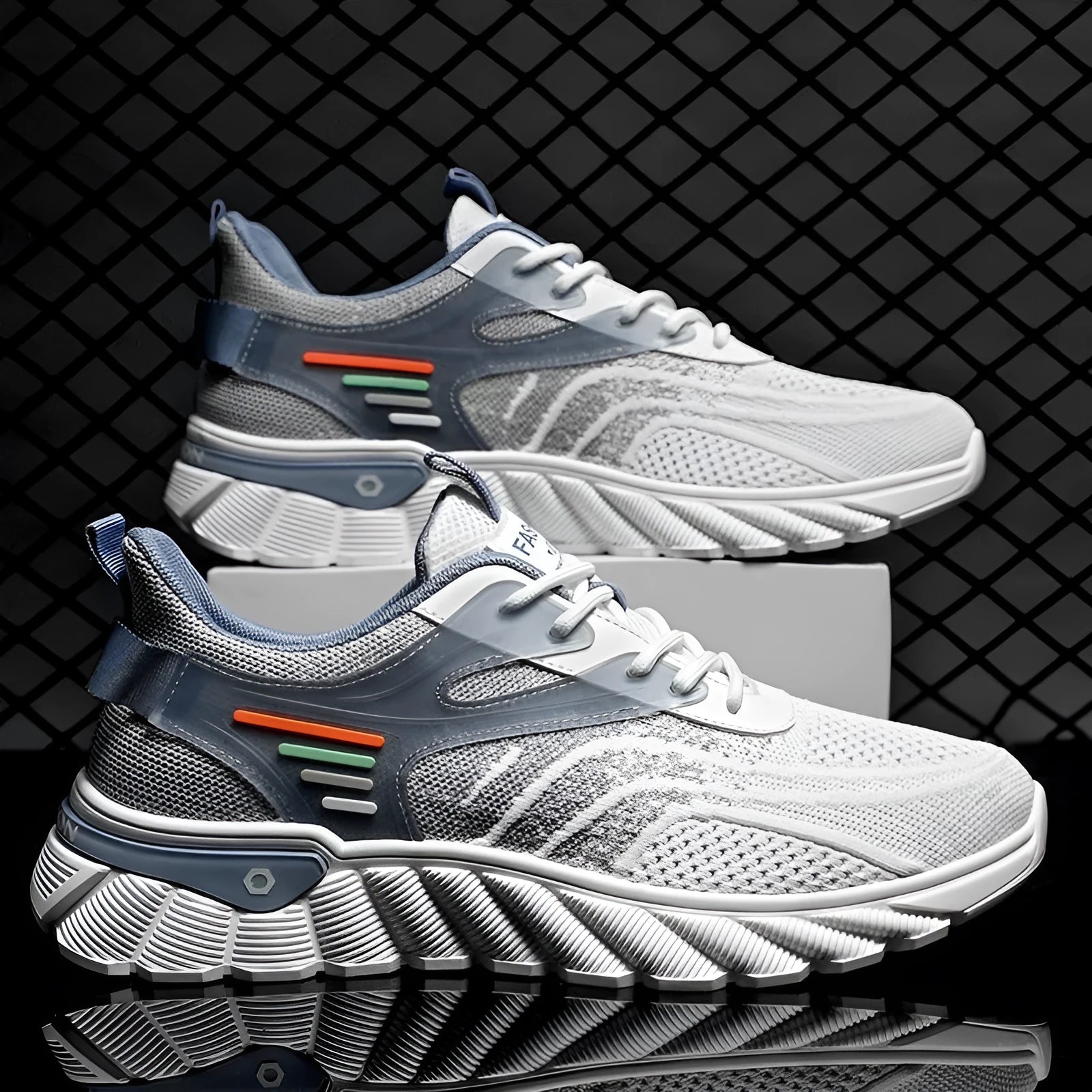 Men's white blue and black platform casual sports running shoes with mesh upper and cross straps.