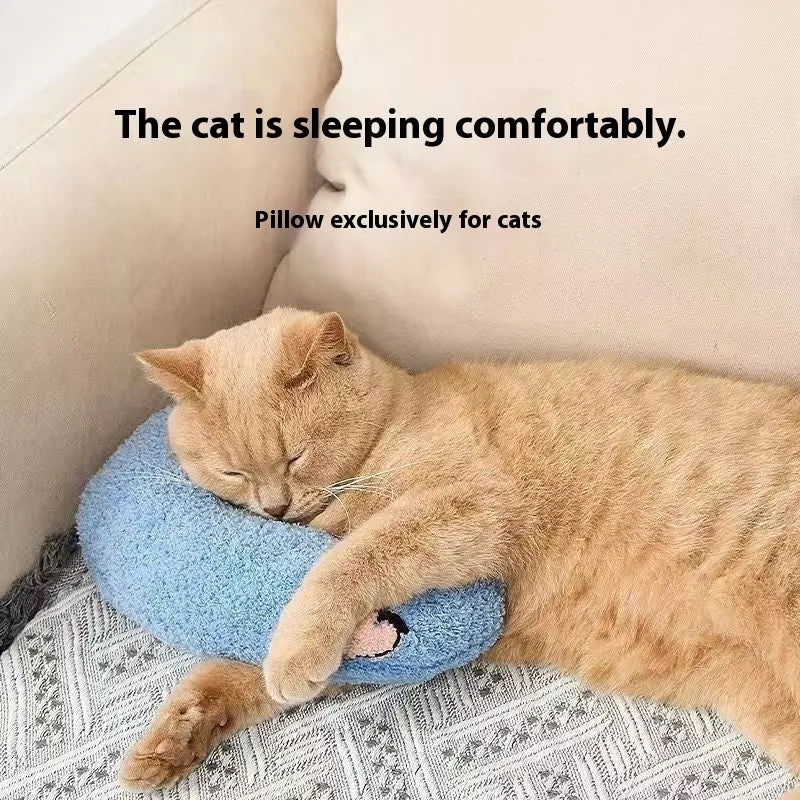 Blue U-shaped cloth pillow for cat neck support, shown in Moon style.