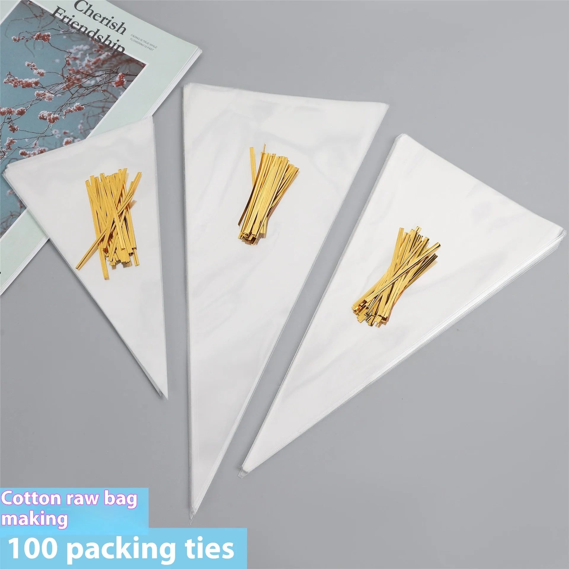Clear triangle plastic packaging bag with integrated wire tie closure showing three size options
